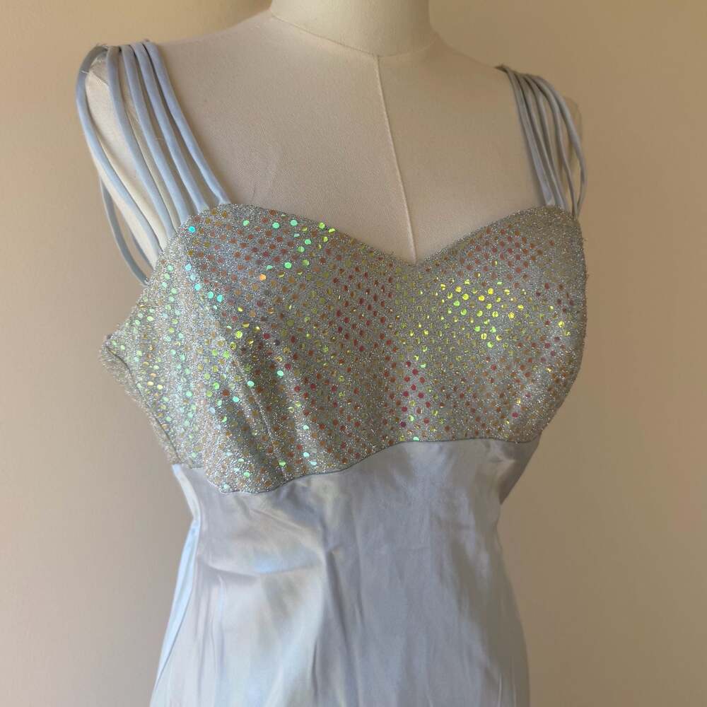 Vintage Y2K All That Jazz Baby Blue Satin Sequin Maxi Dress